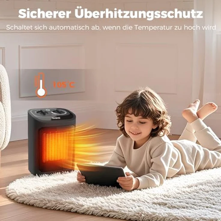 YASHE PTC-919 Elektroheizkörper 1500W, Keramik Heizlüfter mit Thermostat und 2 Heizstufen, Schwarz – Bild 7