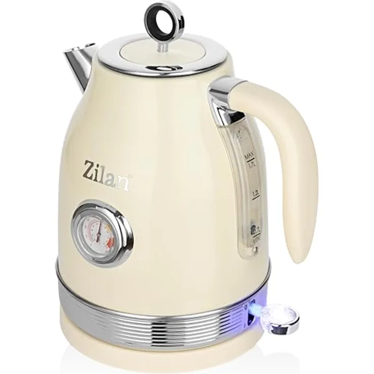 Zilan Retro Wasserkocher Edelstahl 1,7L, kabellos mit 360° Basis, 2200W, verdecktes Heizelement, Abschaltautomatik, Trockenlaufschutz, Ein/Aus-Schalter mit blauer LED