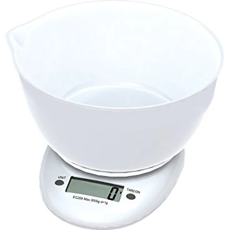 Omega Küchenwaage mit Schale 1,5 L - bis zu 3 kg - LCD-Display - Weiß