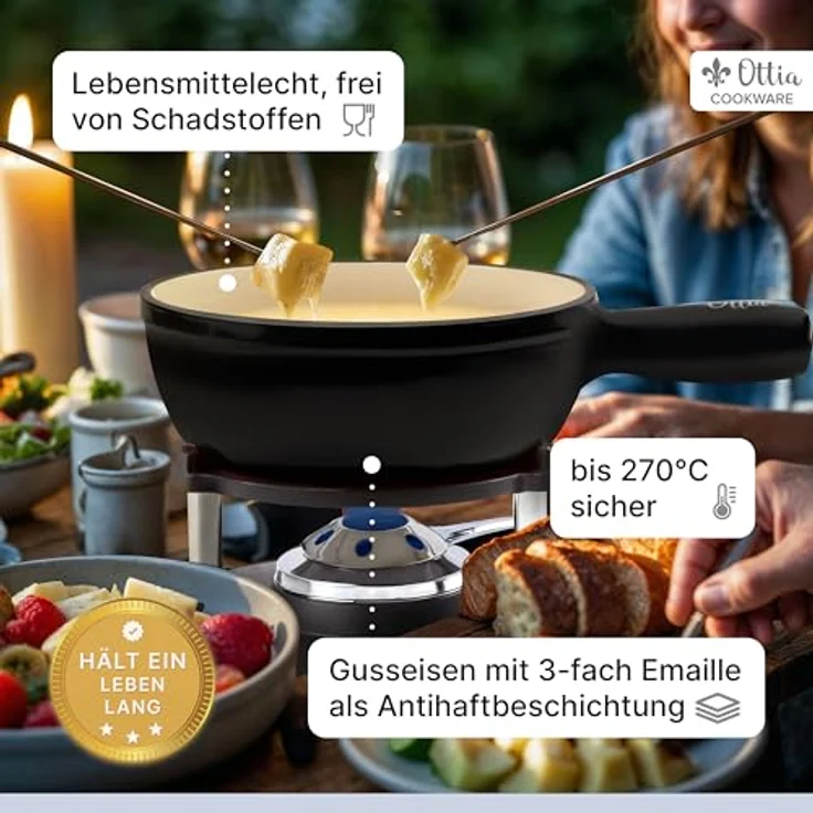 Ottia Fondue Set für 2-6 Personen, Gusseisen & Emaille, induktionsgeeignet, mit Brenner, 6 Gabeln & Rezeptbuch, ideal für Käse-, Fleisch- und Schokofondue – Bild 4