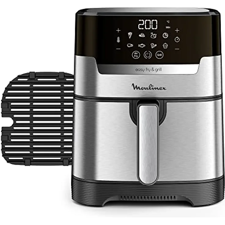 Moulinex Easy Fry & Grill EZ505D Ölfreie Luftfriteuse, 2-in-1 zum Braten oder Grill, digitales Touchscreen, 8 Programme für gesunde Mahlzeiten, App 125 Rezepte, Stahl - 4,2 l, 6 Personen
