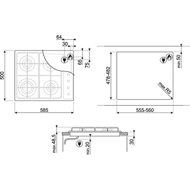 Smeg Piano cottura gas Smeg, Einbau-Gasherd aus emailliertem Stahl mit 4 Brennern und Steuerung per Bedienknebel (silber) – Bild 2