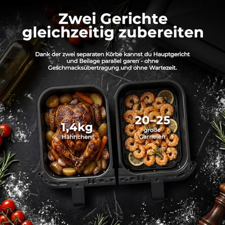 Balter Heißluftfritteuse HL-901, 2 Kammern mit Sichtfenster, 9L (2x4,5L), 2400W, 10 Programme, Dual Zone & Sync Finish, Rezeptheft – Bild 8