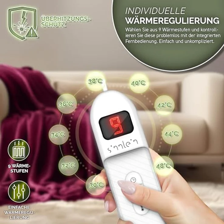 sinnlein Heizdecke aus Plüsch 200 x 180 cm weinrot elektrische Wärmedecke mit Abschaltautomatik und Timer 9 Temperaturstufen waschbar – Bild 5