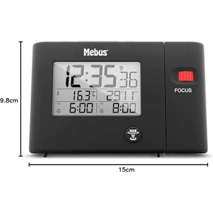 Mebus Funkwecker Modell 25795, digital mit Projektion auf Knopfdruck, zwei Alarmzeiten, Innenthermometer, Displaybeleuchtung, Farbe: Schwarz – Bild 2