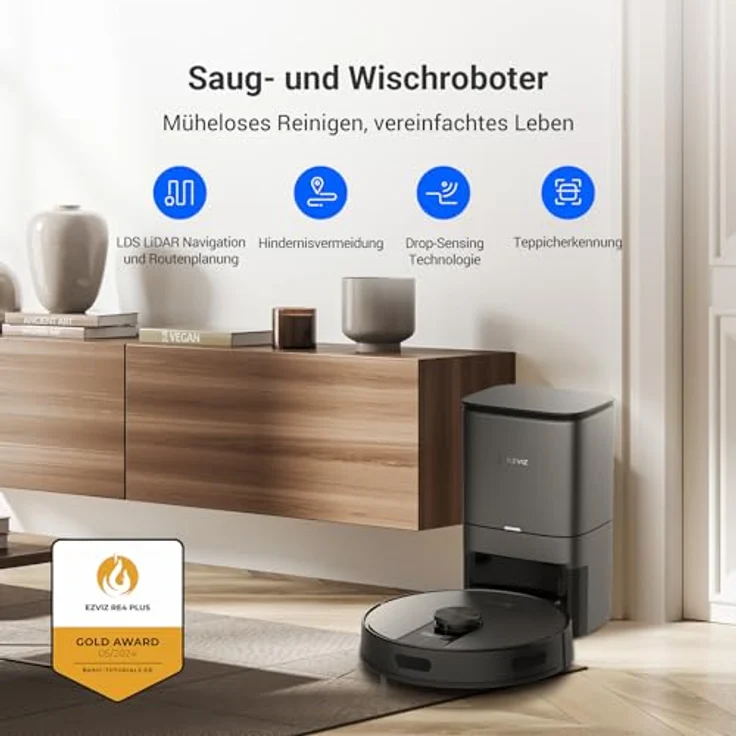 EZVIZ Roboterstaubsauger RE4 Plus mit automatischer Staubentleerung, WLAN, LiDAR Navigation, 28.000 Pa Saugkraft schwarz – Bild 2