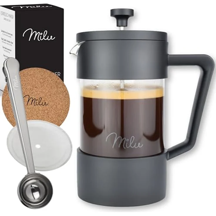 Milu French Press Kaffeebereiter | 1L | Glas Kaffeepresse, Kaffeezubereiter für Zuhause Reisen Camping inkl. Untersetzer, Löffel, Ersatzfilter (Schwarz, 1000ml (5 Tassen) – Bild 2