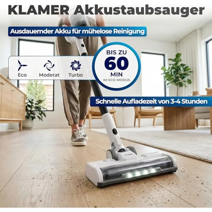 KLAMER 2-in-1 Akku Staubsauger, kabellos mit bis zu 60 min Akkulaufzeit, Saugkraft 460 W, inkl. Polster- und Fugendüse, für Teppich, Auto und Hartböden – Bild 2