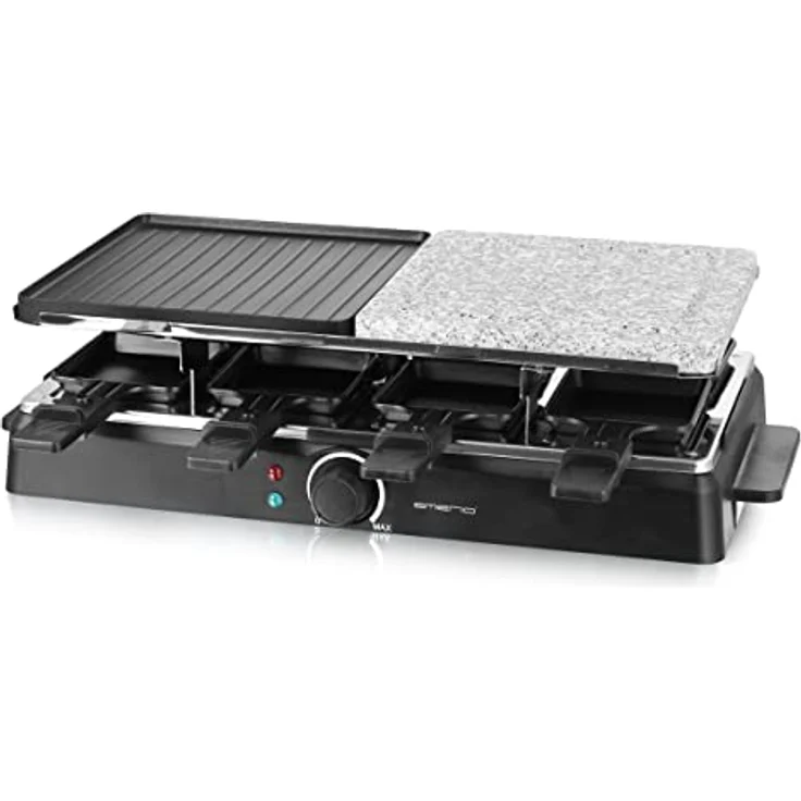 Emerio Raclette für bis zu 8 Personen mit heißem Stein und Grillfläche in Kombination, regulierbare Temperatur, Naturstein-Platte, inkl. 8 Pfännchen, Steingut, Antihaftbeschichtung RG-126708 – Bild 2