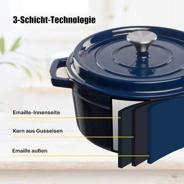 GRAND FEU Emaillierter Schmortopf aus Gusseisen, 4.7L, Dunkelblau, ideal zum Schmoren und Backen, hitzebeständig bis 300°C, mit Deckel und breiten Griffen – Bild 5