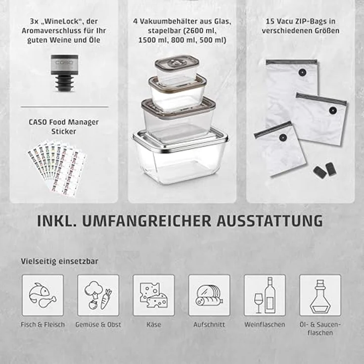 Caso Vacu OneTouch Pro Set - Kabelloser Handvakuumierer mit starker Pumpenleistung 12 Liter/Minute, Lithium-Ionen-Akku für 85 min Laufzeit, inkl. umfangreichem Zubehör – Bild 5