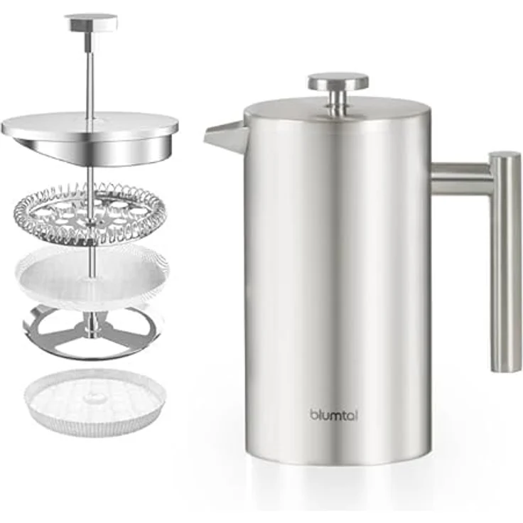 Blumtal French Press aus Edelstahl 600 ml (3 Tassen) - Thermo Kaffeebereiter doppelwandig isoliert mit Messskala inkl. Ersatzfilter & Anleitung, Spülmaschinengeeignet, Erhältlich in 3 Größen – Bild 1