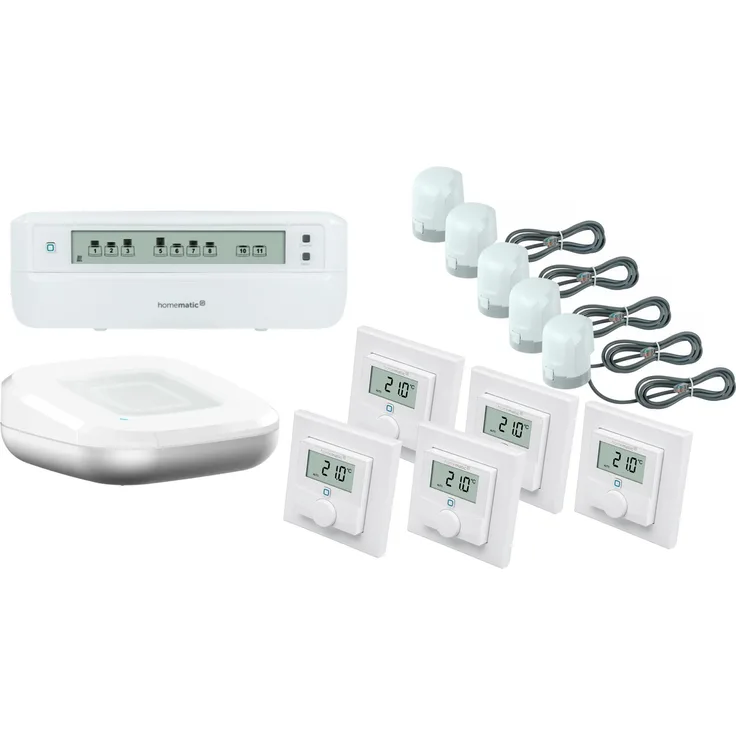HomeMatic Homematic IP Set Fußbodenheizung für 5 Räume, inkl. Access Point 2, 12-fach Heizungsaktor, motorische Stellantriebe & Wandthermostate mit Luftfeuchtigkeitssensor