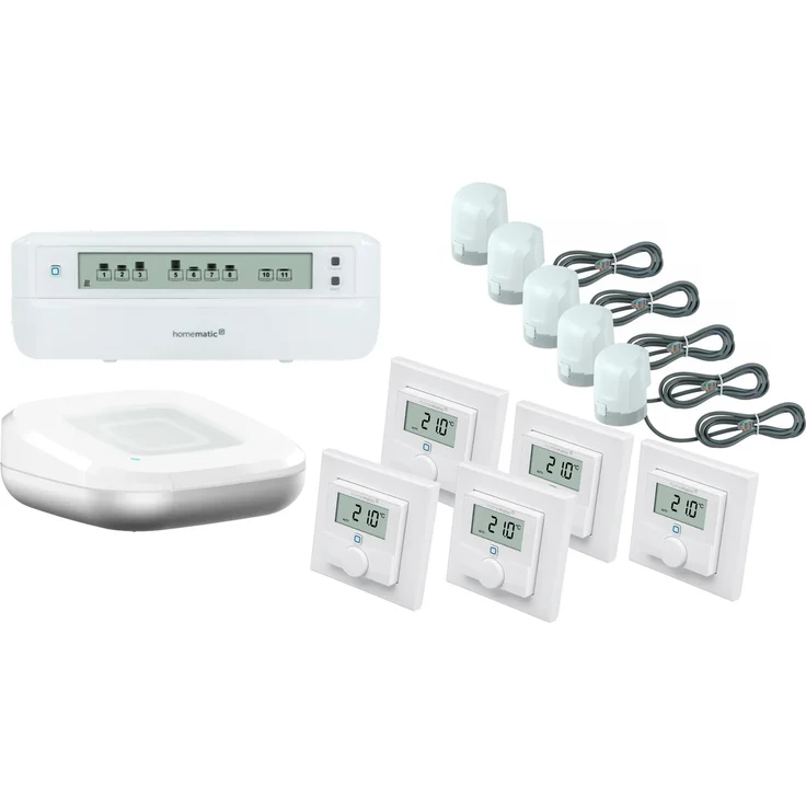 HomeMatic Homematic IP Set Fußbodenheizung für 5 Räume, inkl. Access Point 2, 12-fach Heizungsaktor, motorische Stellantriebe & Wandthermostate mit Luftfeuchtigkeitssensor