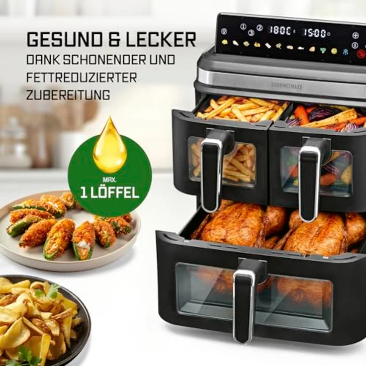GOURMETmaxx FryUp3, Vertikale Heißluft-Fritteuse mit 3000W, 17l, 3 Frittierkammern und Sichtfenster, schwarz/Edelstahl – Bild 11