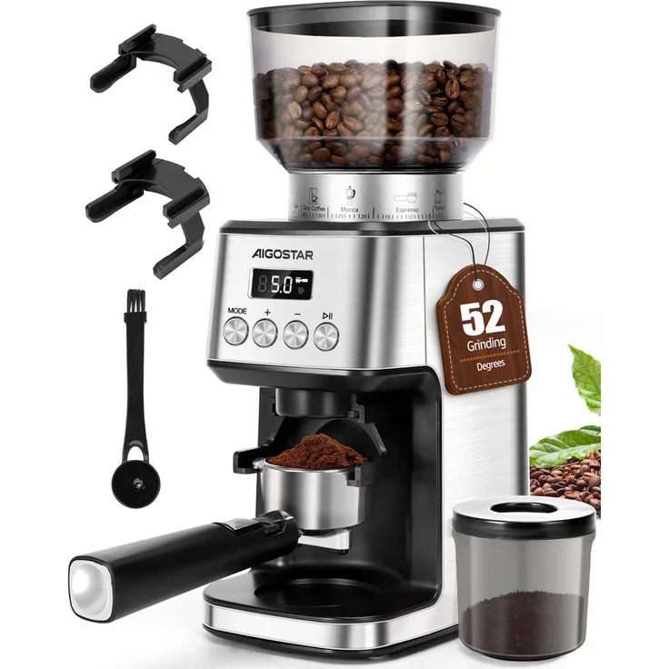 Aigostar Elektrische Kaffeemühle Kegelmahlwerk für Espresso, 52 Mahleinstellungen, 180 W, 320 g Bohnenbehälter, Edelstahl, antistatisch, leicht zu reinigen