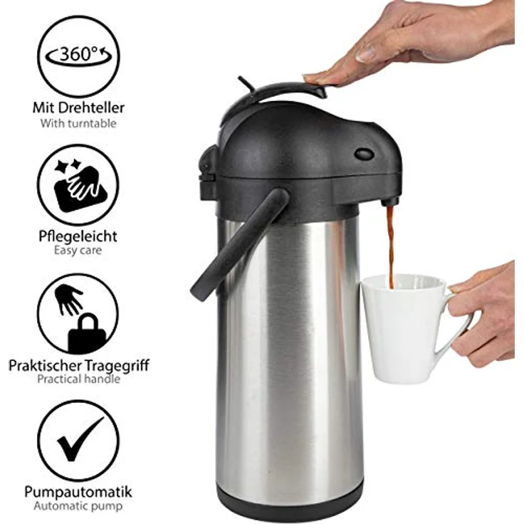 ONVAYA Airpot Pumpkanne 3 Liter + Tropfschale Isolierkanne Thermoskanne Getränkespender Edelstahl mattiert Kaffeekanne Doppelwandig Auffangschale Drip Tray – Bild 6