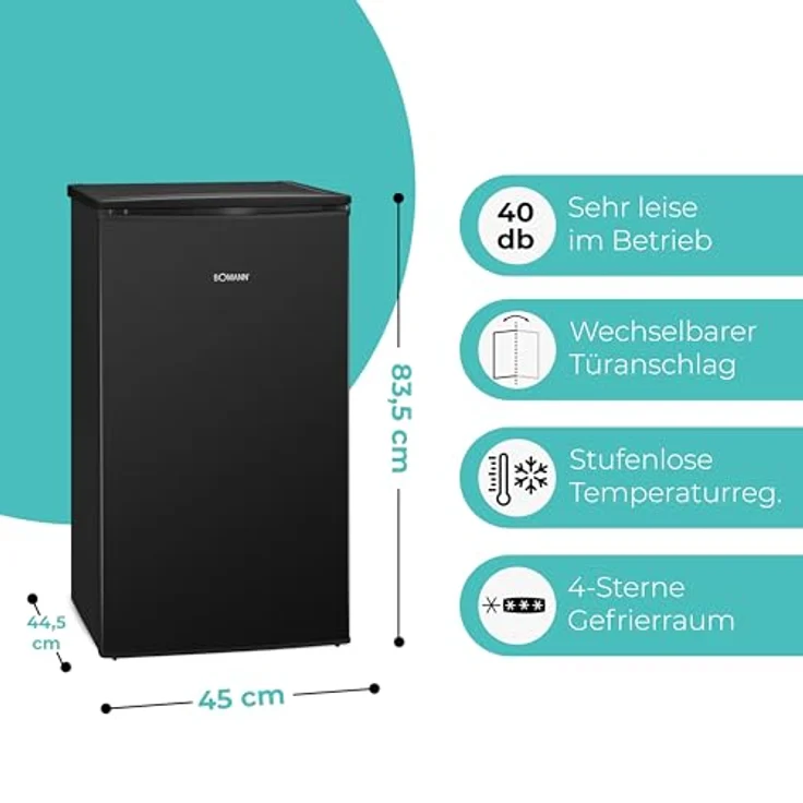 Bomann Gefrierschrank GS 7256, 4 Sterne mit 60L Fassungsvermögen, 3 Fächer, leise, wechselbarer Türanschlag, schwarz – Bild 3