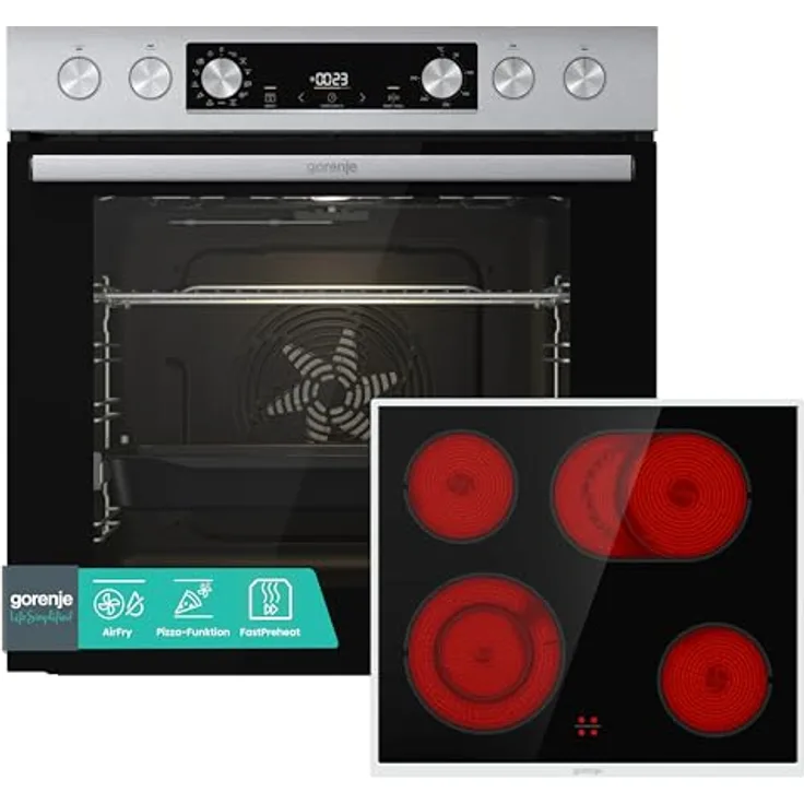 Gorenje Einbauherd-Set Heißluft Inox Set 4, 77L Backofen mit Glaskeramik-Kochfeld, ExtraSteam, EcoClean, AirFry, PizzaMode, PerfectGrill, GentleClose & Open, Teleskopauszüge, Inox-Look