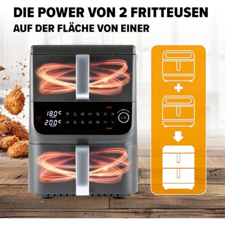 GOURMETmaxx FryUp Doppelkammer Heißluftfritteuse MultiSize 10 L, vertikaler Airfryer mit 2 Kammergrößen, 10 Programme & LED-Touchdisplay – Bild 3