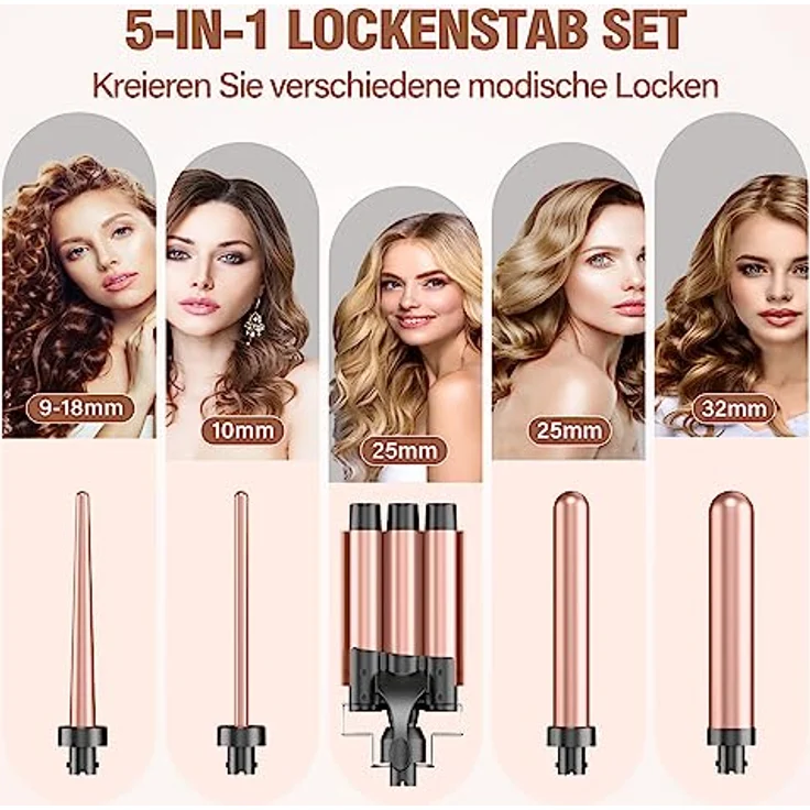 Lockenstäbe 3 Fässer für Große-BESTOPE PRO Lockenstab set 5 in 1 Locken mit einstellbarer Temperatur Keramik Lockenwickler mit Verschiedenen Aufsätzen Schnelle Heizung, Handschuh, 2 Clips – Bild 3
