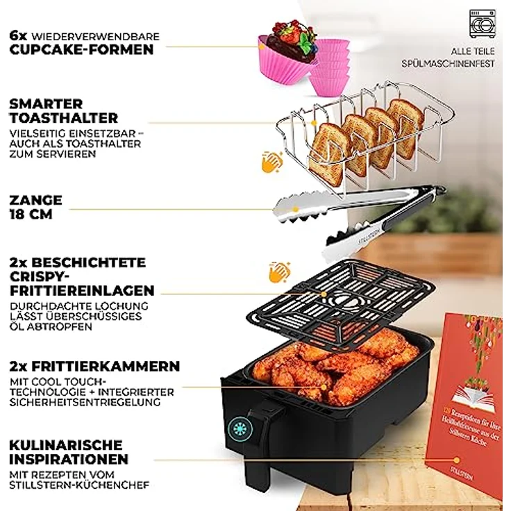 Stillstern Heißluftfritteuse Dual Zone 8L [2x 4L] mit Gleiches-Ende & Shake Funktion, 120 Rezepte [DEUTSCH], 8 Programme, Dörren, Auftauen&Warmhalten, 1700W Heissluftfritteuse Air Fryer XXL ohne Öl – Bild 2