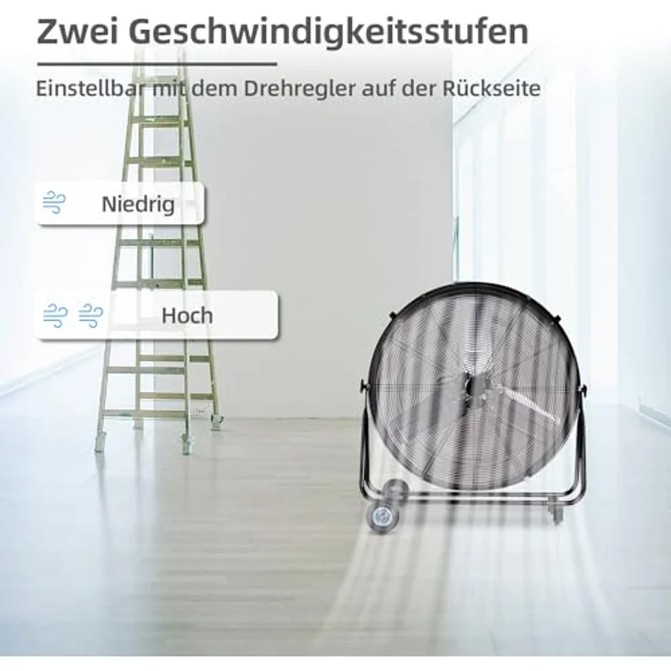 Be Cool Bodenventilator 300W, leistungsstarker Trommelventilator mit 2 Geschwindigkeitsstufen und verstellbarer Neigung, mobil mit Rollen – Bild 3