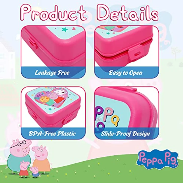 HOVUK Peppa-Pig Lunchbox 14 cm, lebensmittelechter Kunststoff-Lunchbehälter für Kinder, mikrowellen- und spülmaschinenfest, Sandwich-Box für Kinder und Mädchen ab 3 Jahren – Bild 4