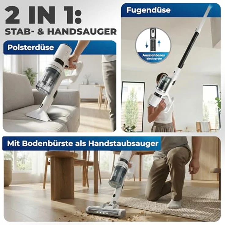 KLAMER 2-in-1 Akku Staubsauger, kabellos mit bis zu 60 min Akkulaufzeit, Saugkraft 460 W, inkl. Polster- und Fugendüse, für Teppich, Auto und Hartböden – Bild 4