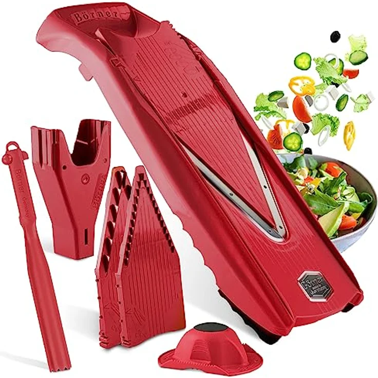 Börner V5 PowerLine Gemüsehobel Plus Set (7-tlg.) • Gemüseschneider (V-Hobel) für Obst & Gemüse + extra viel Zubehör • 8 Schnittarten • Küchenhobel-Set (Rot) - Preisvergleich – Bild 1