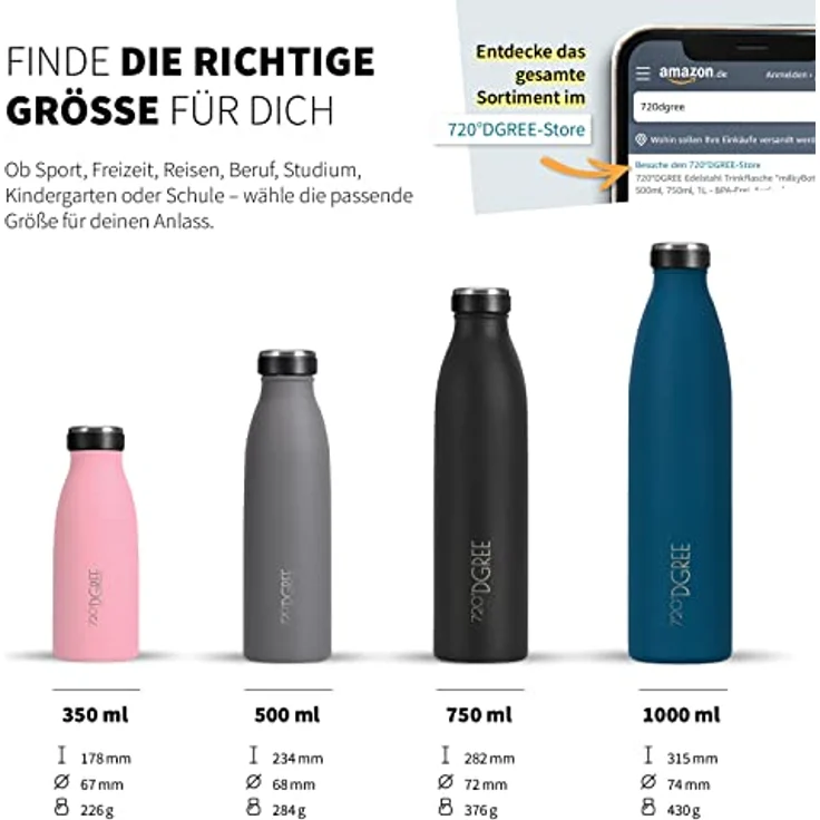 720°DGREE Edelstahl Trinkflasche “milkyBottle”, 500ml, BPA-frei, auslaufsicher, kohlensäuregeeignet, ideal für Kinder, Sport und Schule – Bild 3