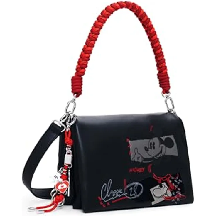 Desigual Dortmund Flap Bag, Umhängetasche mit Mickey Mouse Motiv, schwarz/grau/rot, abnehmbarer Schulterriemen, geräumiges Hauptfach