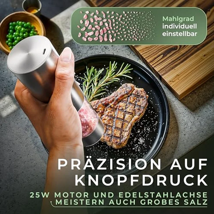 Waldwerk Elektrische Salz-/Pfeffermühle 2er Set mit Akazienholzhalterung, 300 mAh Akku, präzises Keramikmahlwerk, kabellos – Bild 2