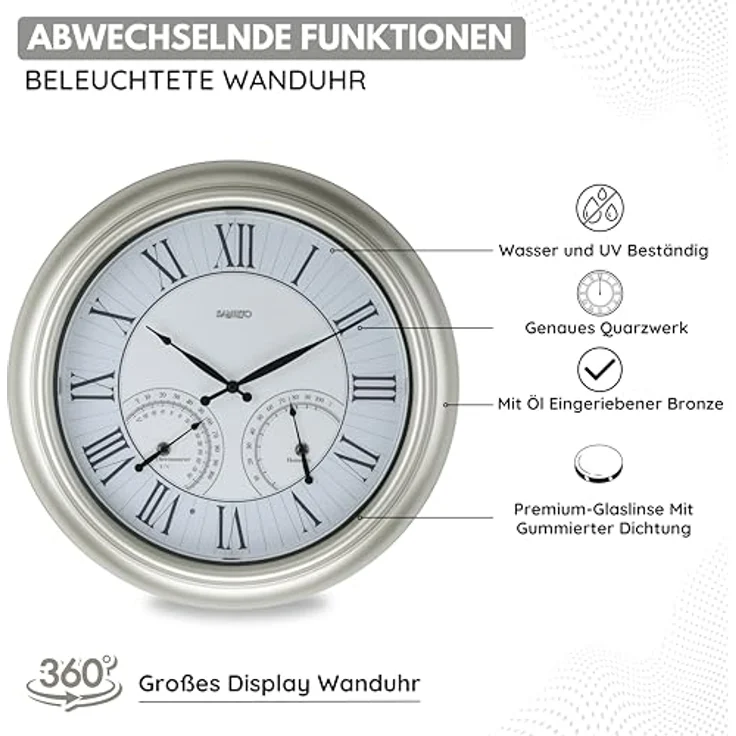 Samilito Beleuchtete Gartenuhr, 45,7 cm, wasserdicht, mit intelligentem Sensor, Thermometer und Hygrometer, für Garten, Terrasse, Pool, in schwarz – Bild 4