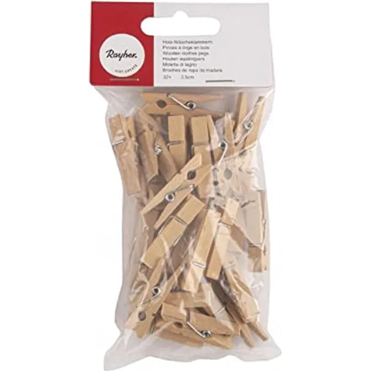 Rayher Wäscheklammern aus Holz, natur, 35 mm, 32 Stück, Holzklammern klein, Zierklammern, Deko-Klammern Holz, 62969505