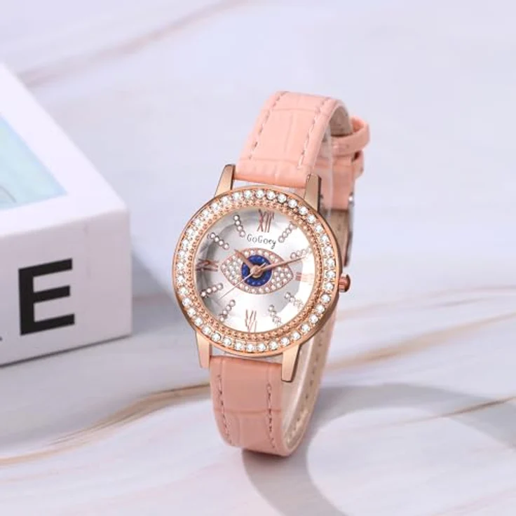 JewelryWe Analog Quarz Armbanduhr Damen, Rosa Leder mit Strass und Bösem Blick, römische Ziffern, Glitzer Design – Bild 2