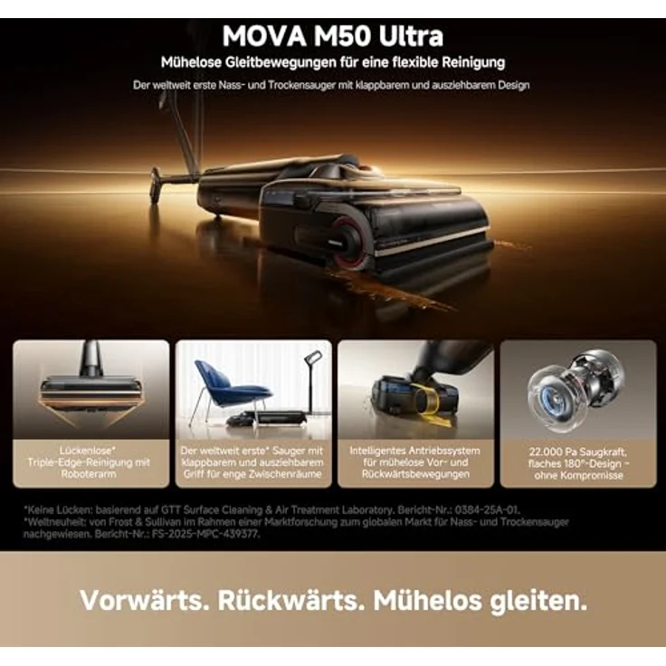 Mova M50 Ultra Nass- und Trockensauger, 22kPa Saugkraft, Roboterarm mit EdgeCoverage KI, klappbarer und ausziehbarer Griff, 100°C Bürstenwäsche, 5min Trocknung – Bild 2