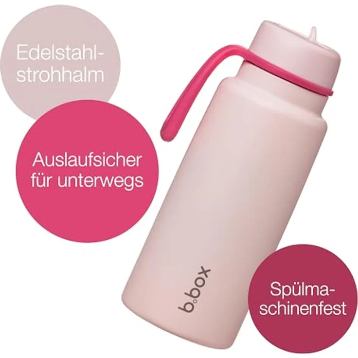 b.box Isolierte Flip-Top Wasser- und Trinkflasche 1 L, Edelstahl, Dreiwandig, hält Getränke bis zu 46 Stunden kalt, Klappdeckel mit herausnehmbarem Strohhalm – Bild 3