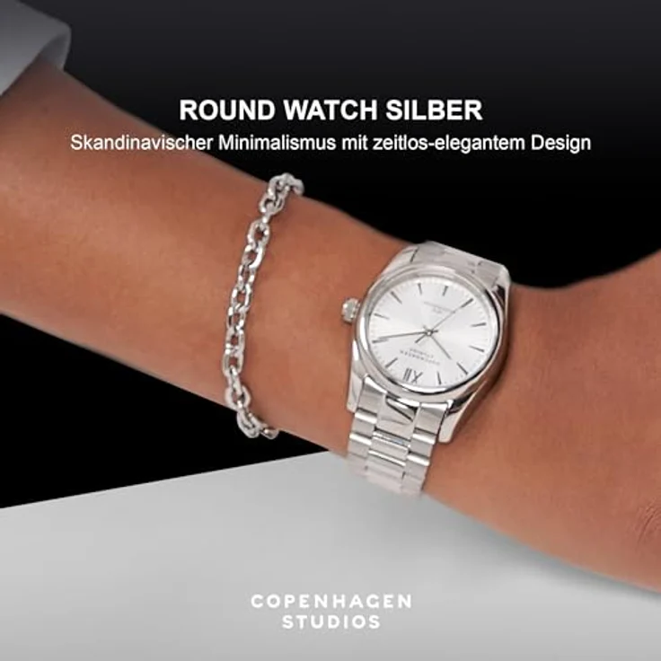 COPENHAGEN STUDIOS Round Watch Silber, 36 mm - elegante Damenuhr aus poliertem Edelstahl mit Quarzwerk, 5 ATM wasserdicht und kratzfest – Bild 2