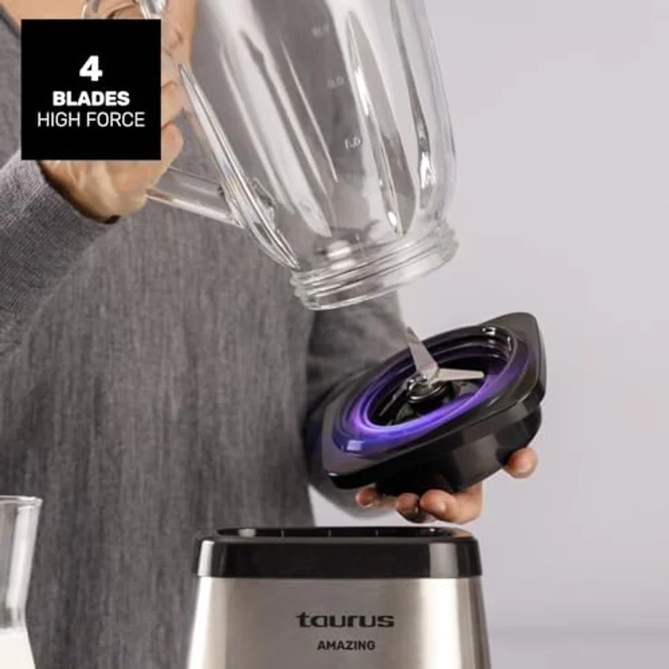 Taurus Magnum 1300 Standmixer, 1300 W, 1,5 l Glaskrug, 4 Edelstahlklingen, Eismahlwerk, BPA-frei, Spülmaschinenfest, Grau – Bild 3