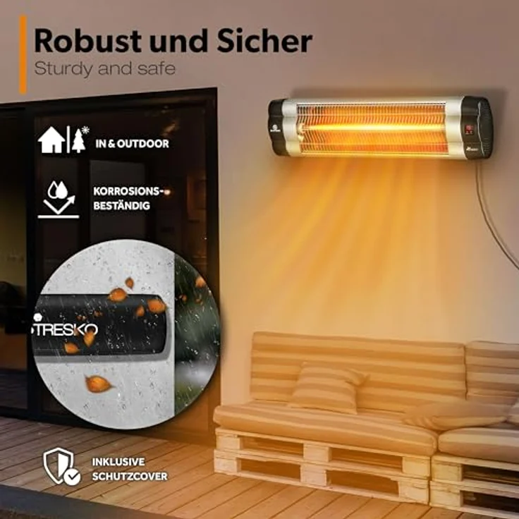 TRESKO Infrarot Heizstrahler 2500W mit Fernbedienung | Wärmestrahler Terrasse elektrisch mit 3 Heizstufen | Terrassenstrahler Innen & Außen | Wand-Infrarotstrahler mit LED-Anzeige Quarzstrahler – Bild 3