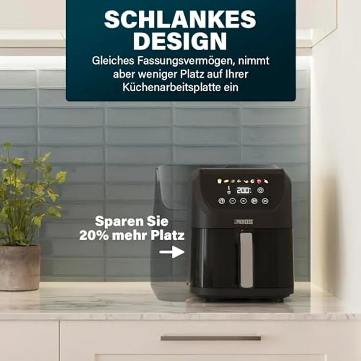 Princess Slim Airfryer 5L - Heißluftfritteuse mit 1500 W, Ölfrei, 8 Kochprogramme, Platzsparendes Design - Antihaftbeschichtung - Schwarz 182240 – Bild 3