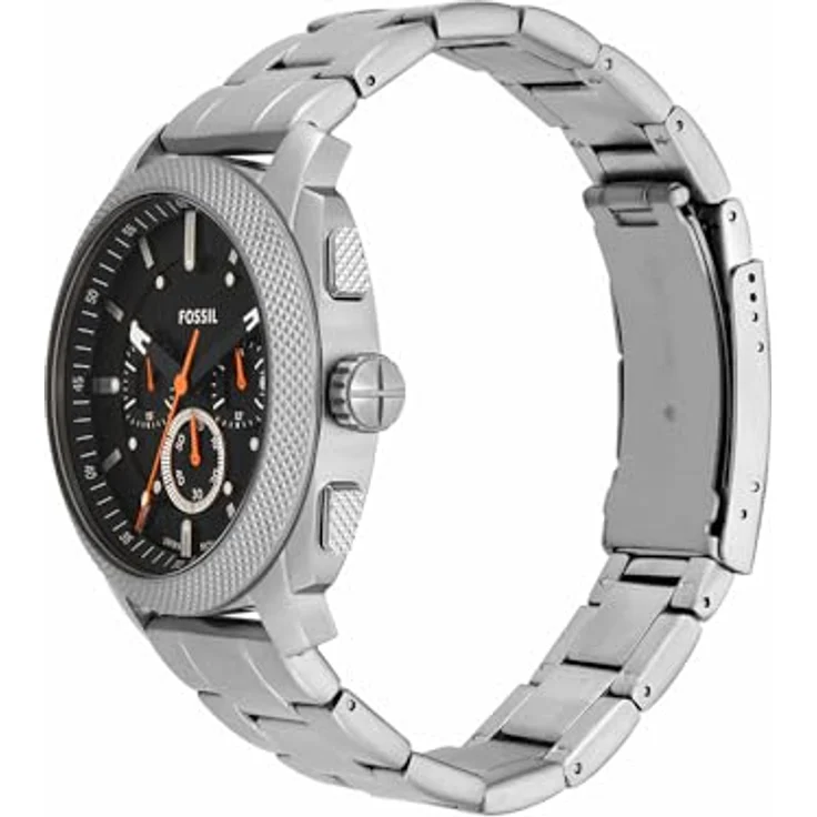 Fossil Machine Uhr für Herren, Chronograph mit 44 mm Edelstahlgehäuse, schwarzem Zifferblatt und silbernem Edelstahlarmband, wasserdicht bis 50 m – Bild 2