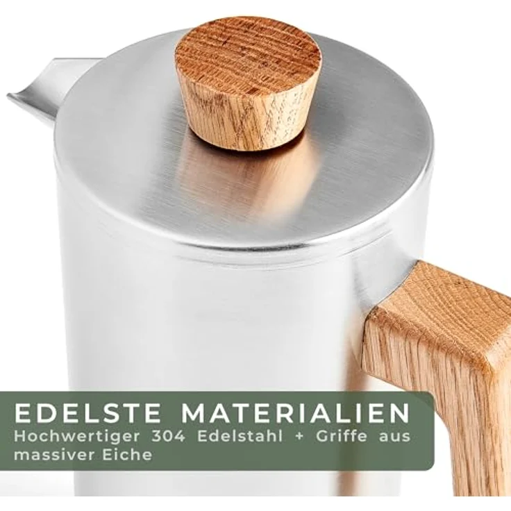Waldwerk French Press Kanne Kaffeebereiter aus doppelwandigem Edelstahl mit Eichenholz Holzgriff, 1l Kaffeekanne, plastikfreier Kaffeezubereiter – Bild 6