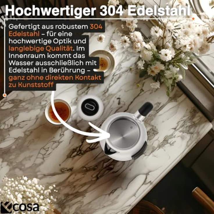 Ecosa Edelstahl Wasserkocher 1,7L mit Touch Display, 2200W, 13 Temperaturstufen 40–100 °C, Warmhaltefunktion und 360° Basis – Bild 7