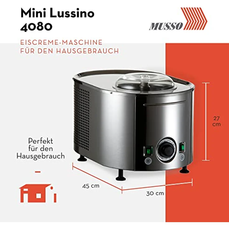Musso Mini Lussino 4080 Eiscreme-Maschine | 0,75l Eiscreme in 30min | Italienische Eiscreme-Maschine für Zuhause | Vegane oder zuckerfreie Eiscreme, Gelato, Sorbet, Slush-Eis | Einfach zu benutzen – Bild 2