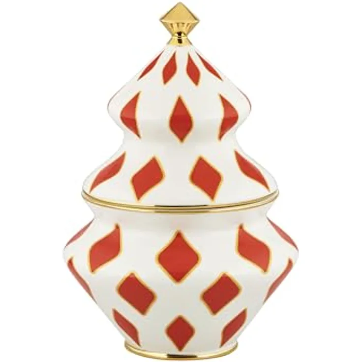 Alessi Delight NZ03 Weihnachtsbehälter für Süßigkeiten in Porzellan, Rot, Weiß und Gold - Handdekoriert mit emaillierten Golddetails