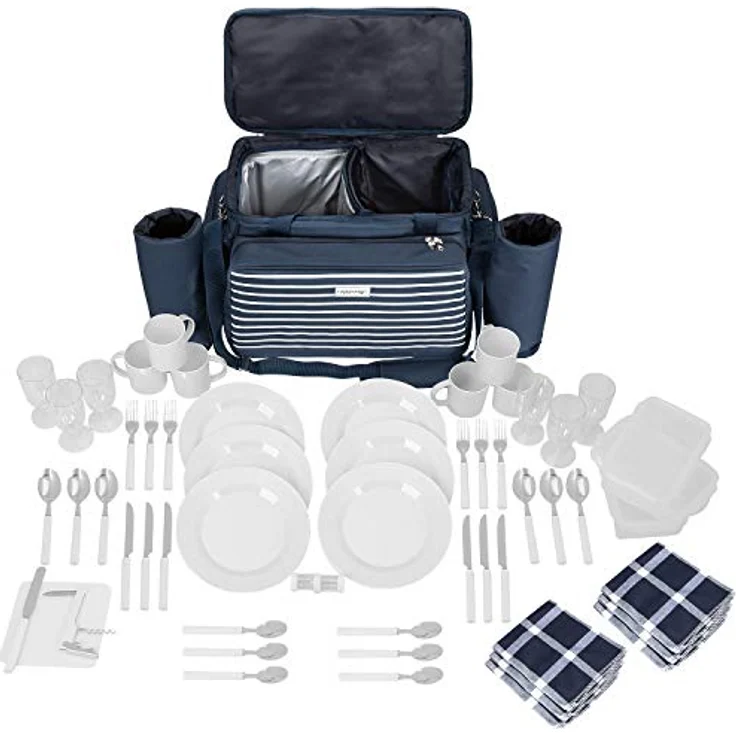 Anndora XXL Picknicktasche 6 Personen blau weiß - Vollausstattung 57 Teile – Bild 3