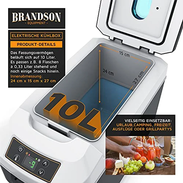 Brandson Kühlbox elektrisch 10L, 230 V und 12 V, kühlt bis 20°C unter Umgebungstemperatur, heizt bis 65°C, Cool Grey – Bild 4