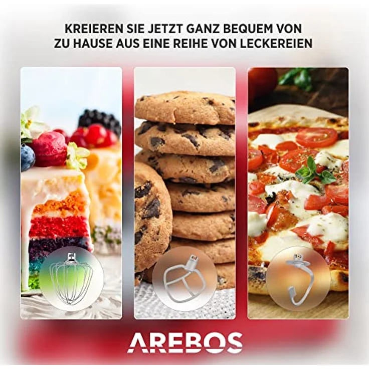 Arebos Retro Küchenmaschine 1800W Rot | 6L Edelstahl-Rührschüssel | Geräuscharm | 6 Geschwindigkeiten – Bild 5